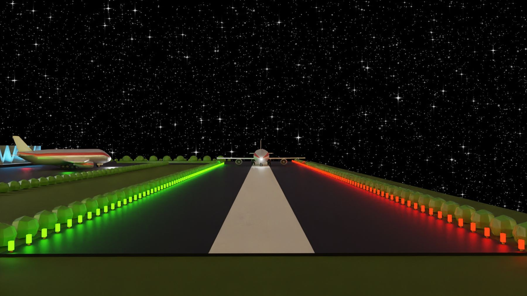 A night airport: a lit runway with green and red edge lights, an aircraft at the far end and a second aircraft and sign at the left.