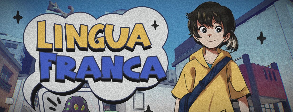 Lingua Franca logo in a speech bubble next to Asa, a girl in a yellow hoodie, on an Osaka street.