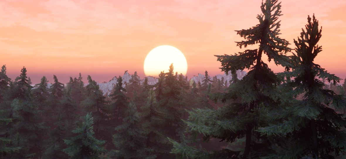 A large sun setting behind pine trees and snowy peaks under a pink sky.